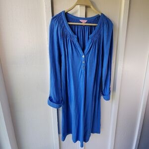 LILLY PULITZER Sleeved Essie Mini Tunic Dress Smocked Solid Blue Gold Buttons M